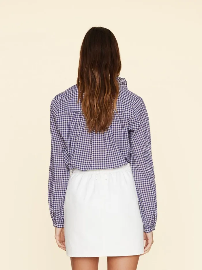 XRENA Stone Blue Caspian Plaid Top Women Tops XRENA Stone Blue Caspian Plaid Top Women Tops