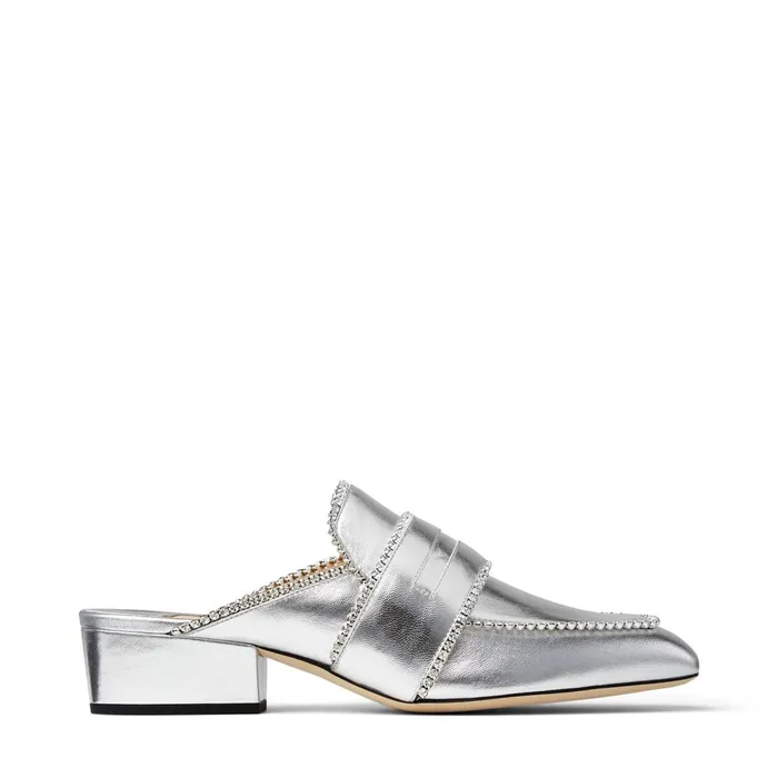 YkBloafer Silver Metallic Leather Backless Slipper With Crystals Silvercrystal Women JIMMY CHOO Mules