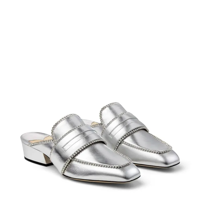 YkBloafer Silver Metallic Leather Backless Slipper With Crystals Silvercrystal Women JIMMY CHOO Mules