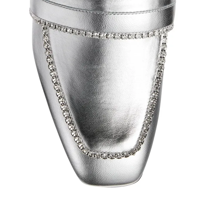 YkBloafer Silver Metallic Leather Backless Slipper With Crystals Silvercrystal Women JIMMY CHOO Mules