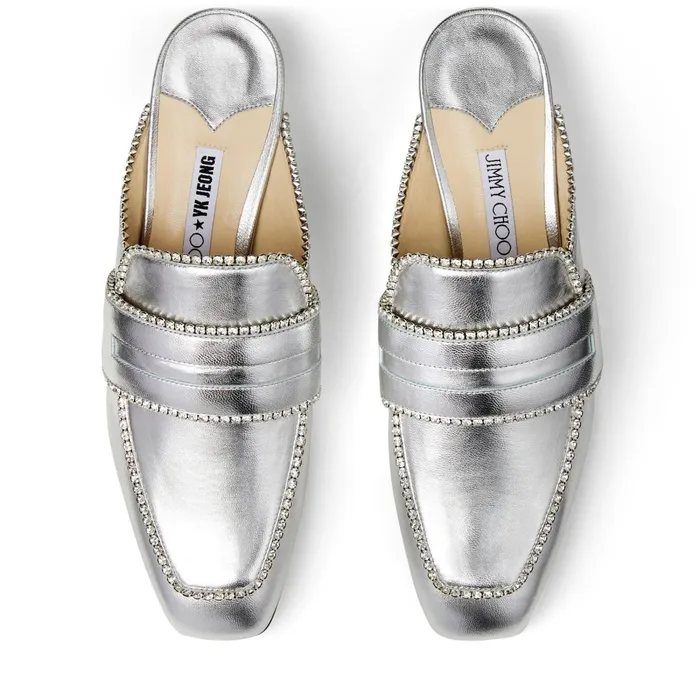 YkBloafer Silver Metallic Leather Backless Slipper With Crystals Silvercrystal Women JIMMY CHOO Mules