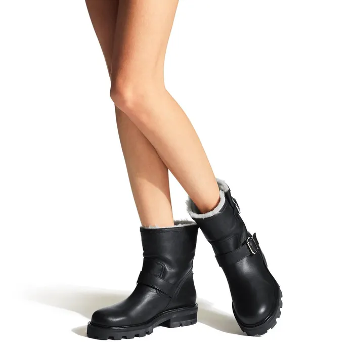 Youth Ii Black Smooth Leather Biker Boots With Gold Buckles And Shearling Lining Blacknatural Women JIMMY CHOO Boots