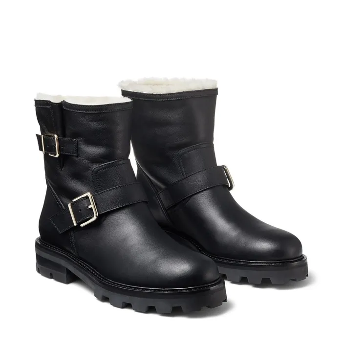 Youth Ii Black Smooth Leather Biker Boots With Gold Buckles And Shearling Lining Blacknatural Women JIMMY CHOO Boots