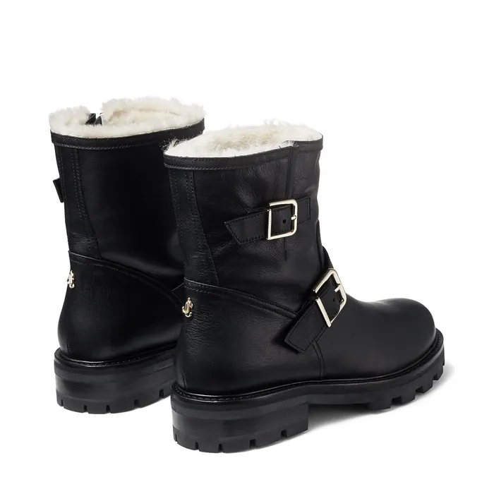 Youth Ii Black Smooth Leather Biker Boots With Gold Buckles And Shearling Lining Blacknatural Women JIMMY CHOO Boots